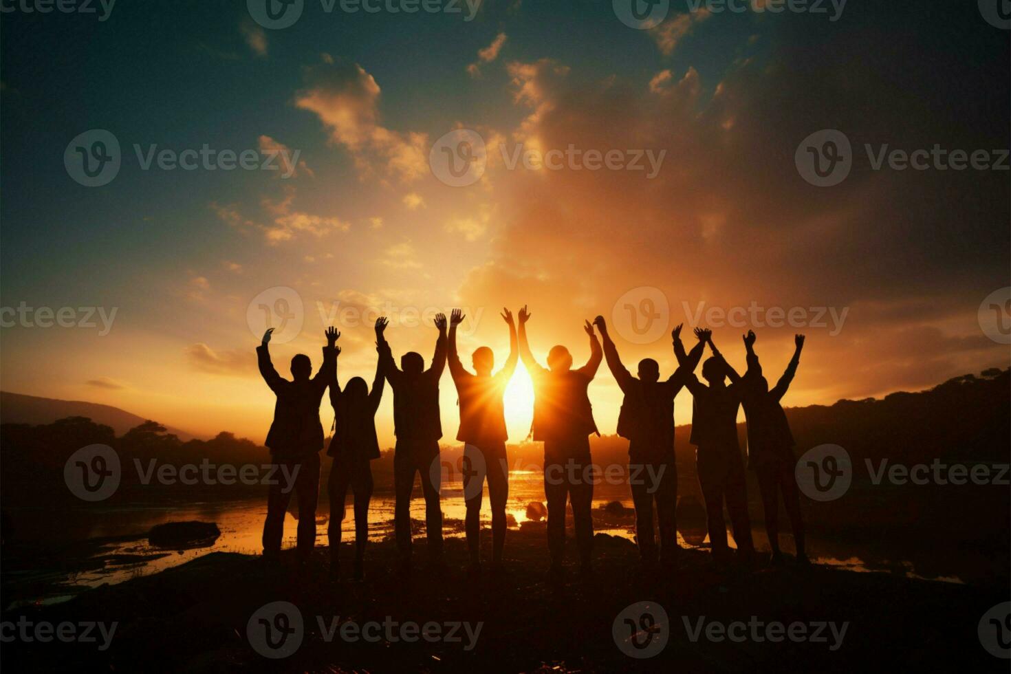 inspirado equipe momento silhuetas comemoro de levantando seus mãos juntos ai gerado foto