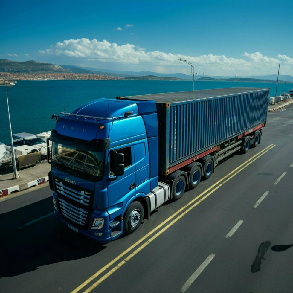 aéreo Visão semi caminhão em azul, recipiente carga, resumindo logística e transporte para social meios de comunicação postar Tamanho ai gerado foto