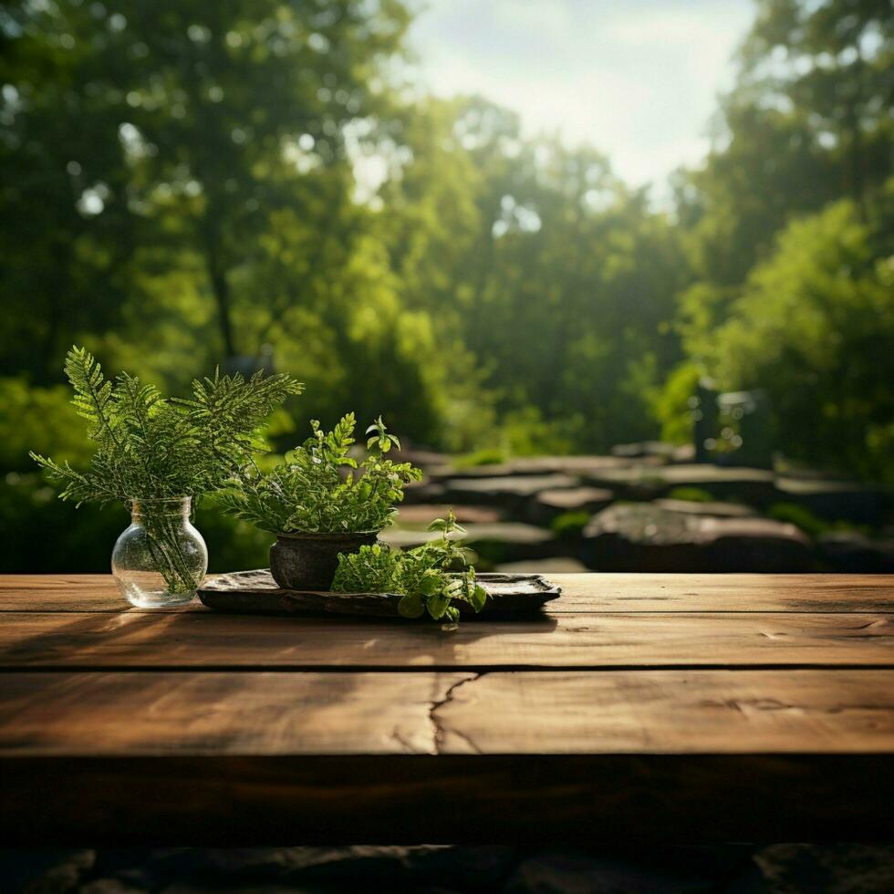 parque produtos etapa esvaziar de madeira mesa espera natureza inspirado monitores contra exuberante pano de fundo para social meios de comunicação postar Tamanho ai gerado foto