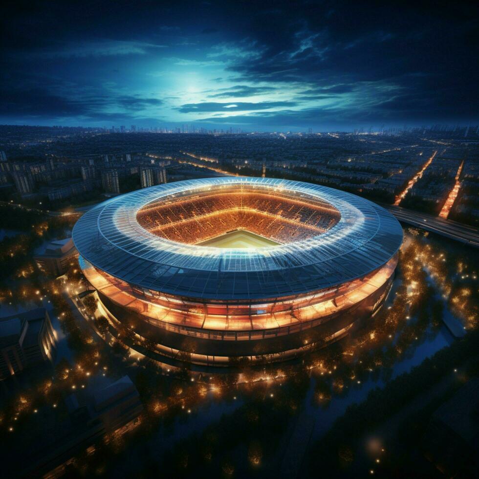 futebol estádio às noite, retratado dentro uma topo Visão 3d Renderização para social meios de comunicação postar Tamanho ai gerado foto