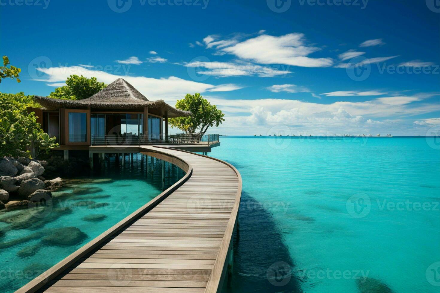 vibrante Maldivas paraíso luxo vilas, Claro mar, e uma tranquilo pano de fundo ai gerado foto