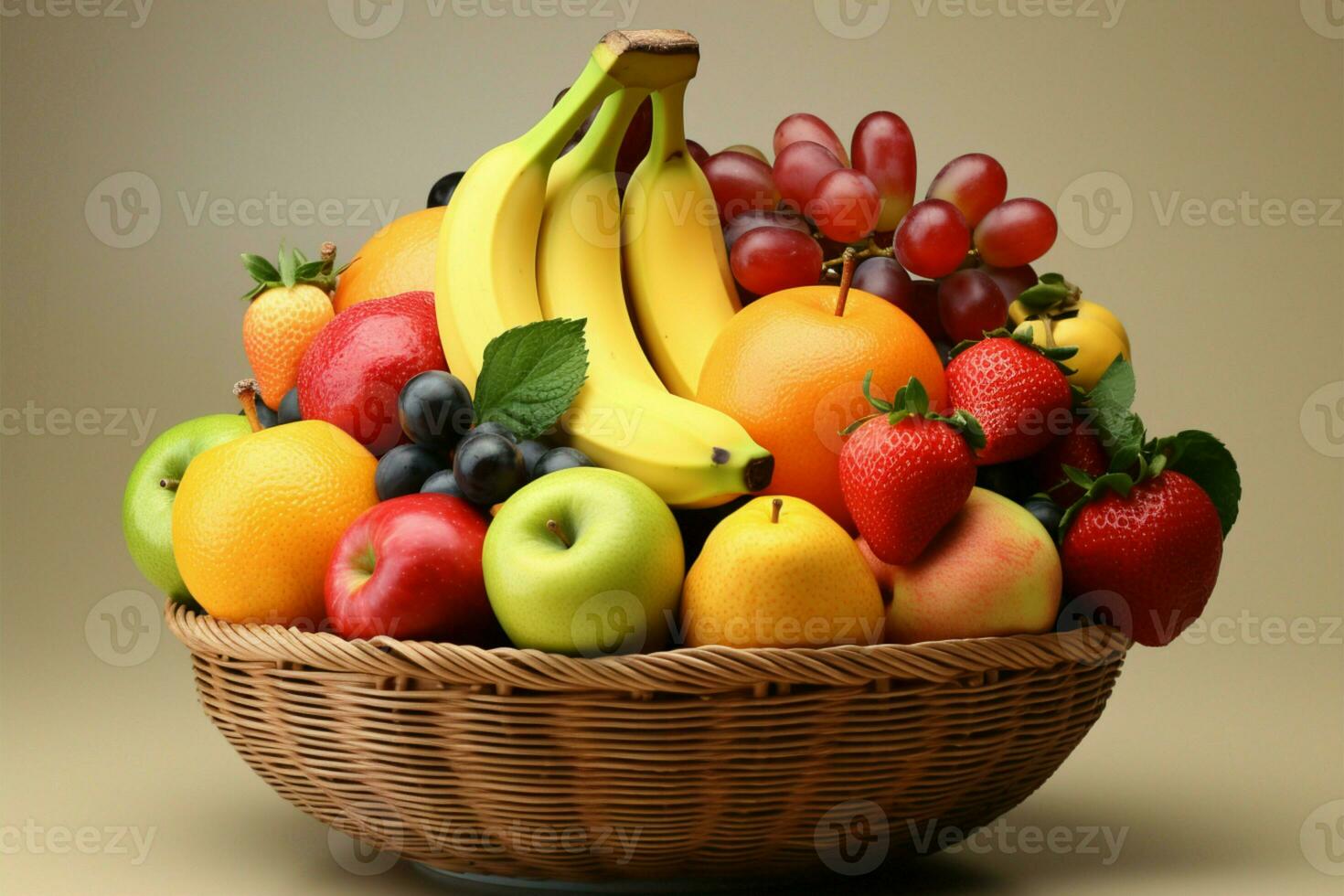 a sortimento do frutas arranjado dentro uma cesta em uma suave colori pano de fundo ai gerado foto