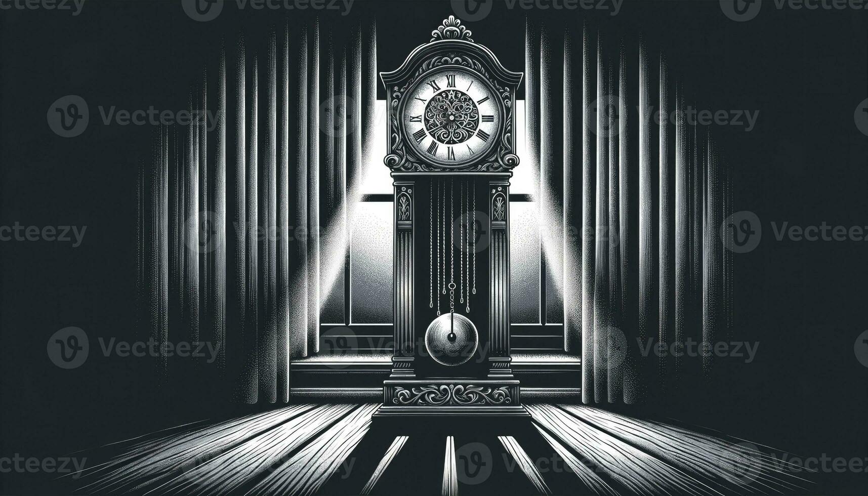 a ilustração do a ornamentado pêndulo relógio conjunto contra uma Sombrio pano de fundo, capturando a melancólico atmosfera e a emoção do depressão. ai gerado foto