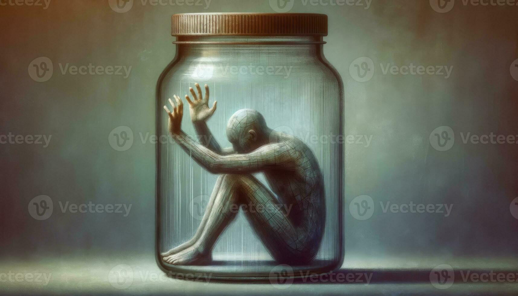 a obra de arte exibindo uma figura preso dentro uma vidro jarra, tentando para alcance fora, representando a sentindo-me do confinamento e a peso do depressão. ai generativo foto