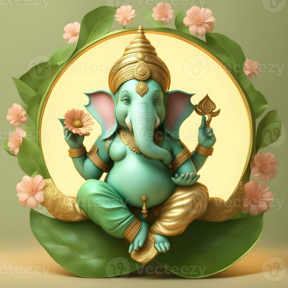 dourado-matel-murti-ganesh-inidan-deus-noite-bhind-e-almp-e-flor-dentro-de-lua-noite-forma ai ilustração do ganesha hindu Deus, com flores, óleo pintura ocupado acima para dentro paraíso, sentado dentro frente foto