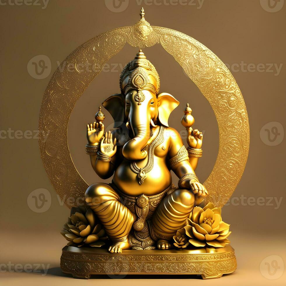 dourado-matel-murti-ganesh-inidan-deus-noite-bhind-e-almp-e-flor-dentro-de-lua-noite-forma ai ilustração do ganesha hindu Deus, com flores, óleo pintura ocupado acima para dentro paraíso, sentado dentro frente foto