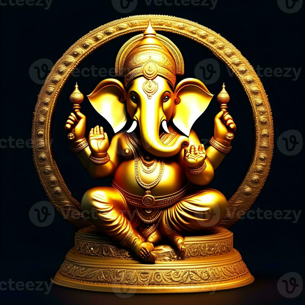 dourado-matel-murti-ganesh-inidan-deus-noite-bhind-e-almp-e-flor-dentro-de-lua-noite-forma ai ilustração do ganesha hindu Deus, com flores, óleo pintura ocupado acima para dentro paraíso, sentado dentro frente foto