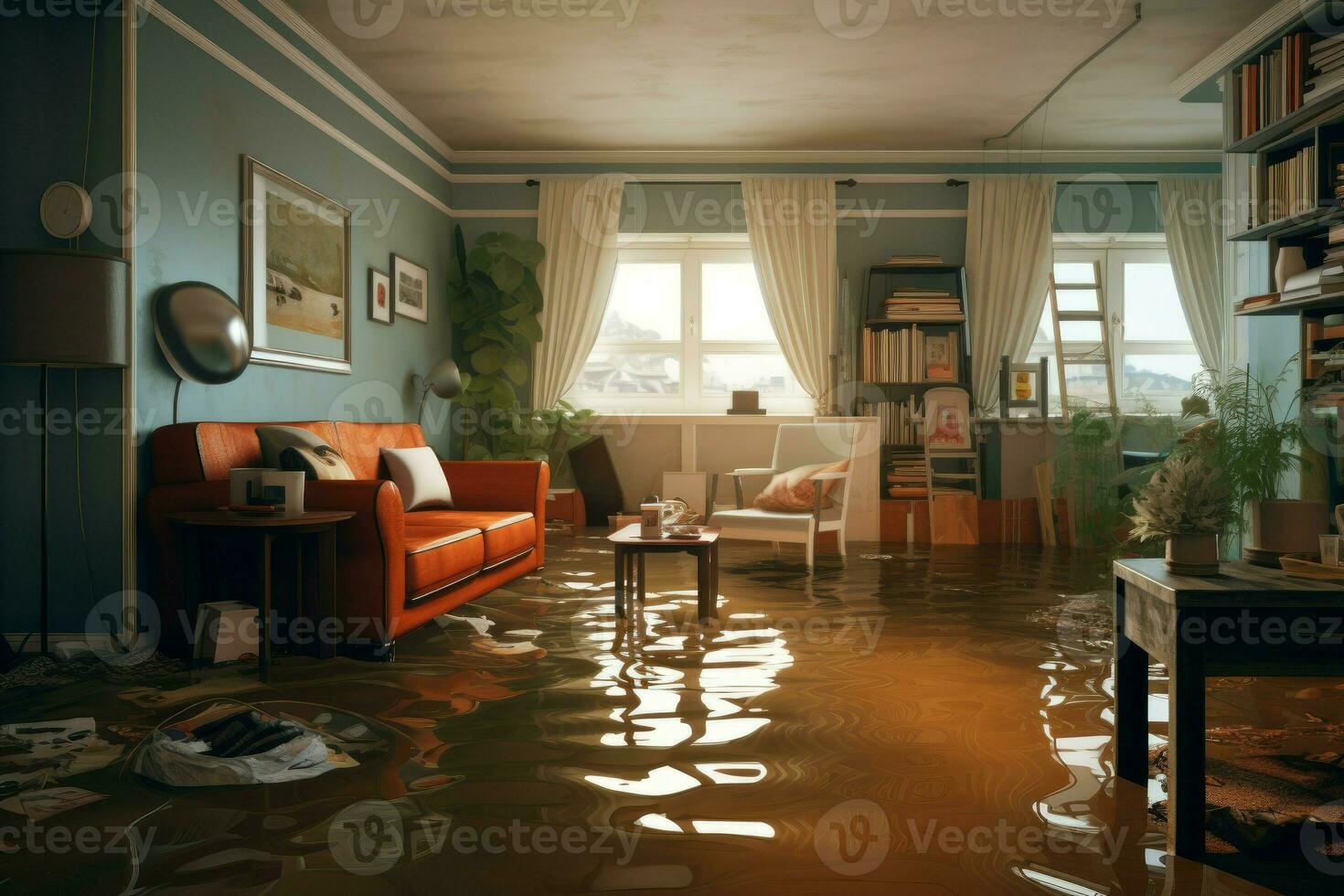 escuro inundado plano interior sala. gerar ai foto