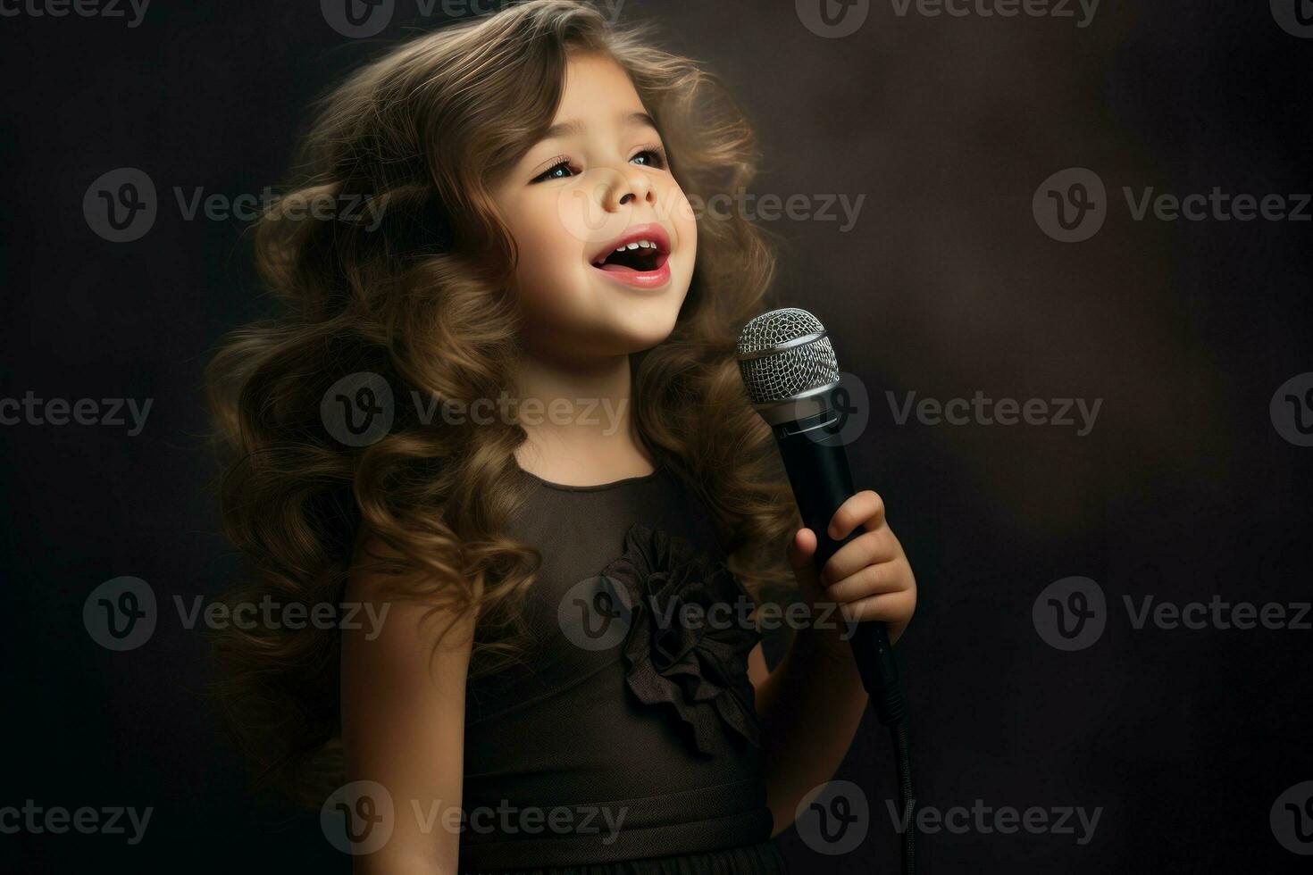 artístico pequeno menina com encaracolado cabelos cantar dentro microfone. gerar ai foto