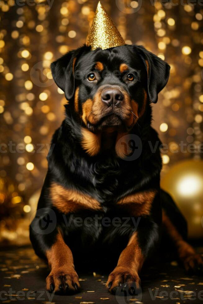 rottweiler detém ouro festa biscoito pronto para comemoro a Novo ano foto