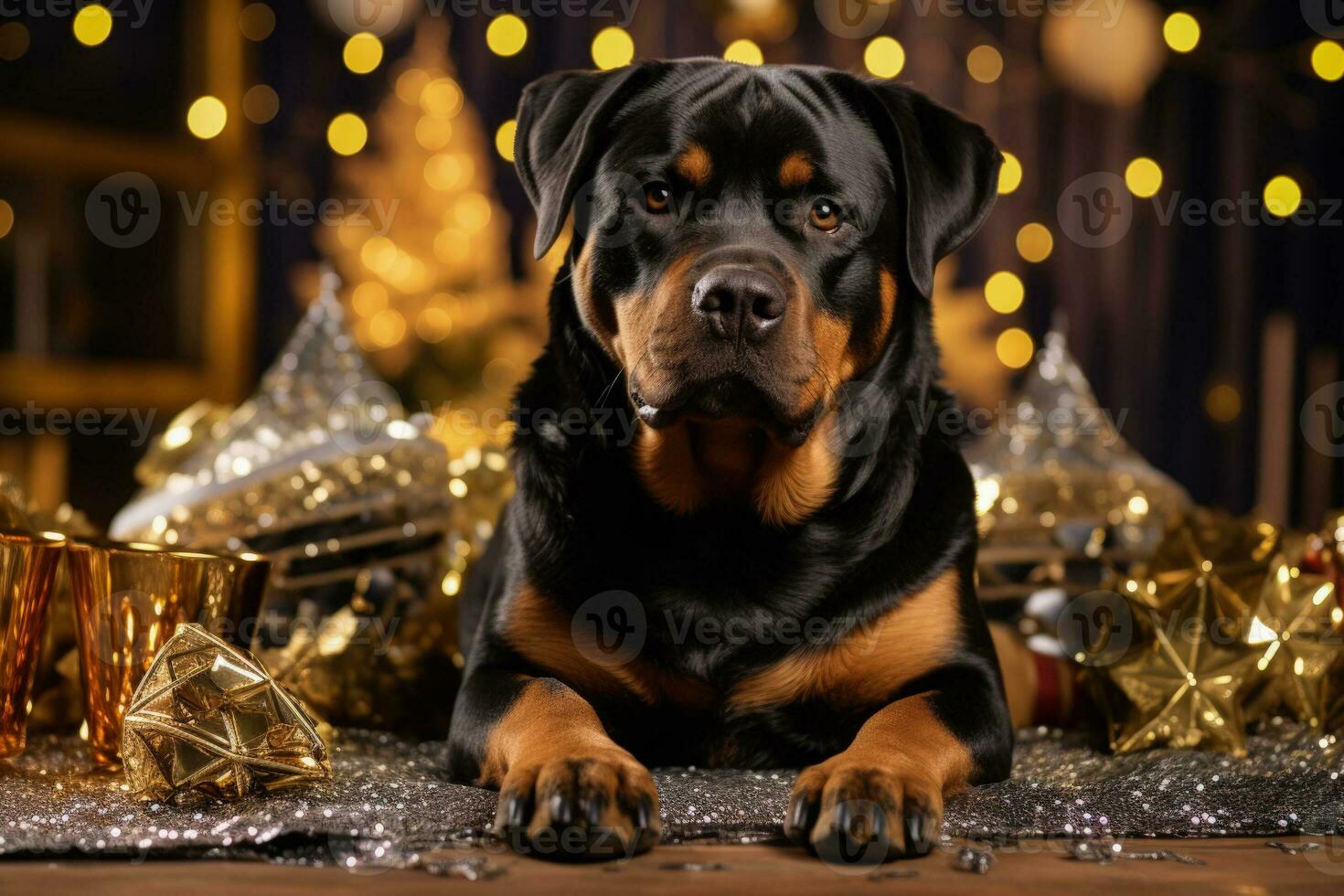 rottweiler detém ouro festa biscoito pronto para comemoro a Novo ano foto