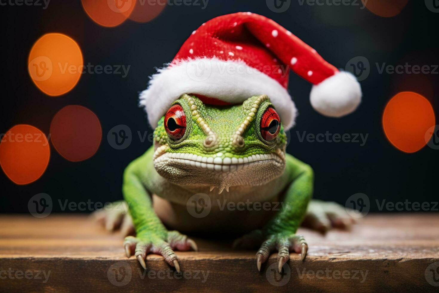 camaleão com mini santa chapéu e sinos acolhedor a Novo ano foto