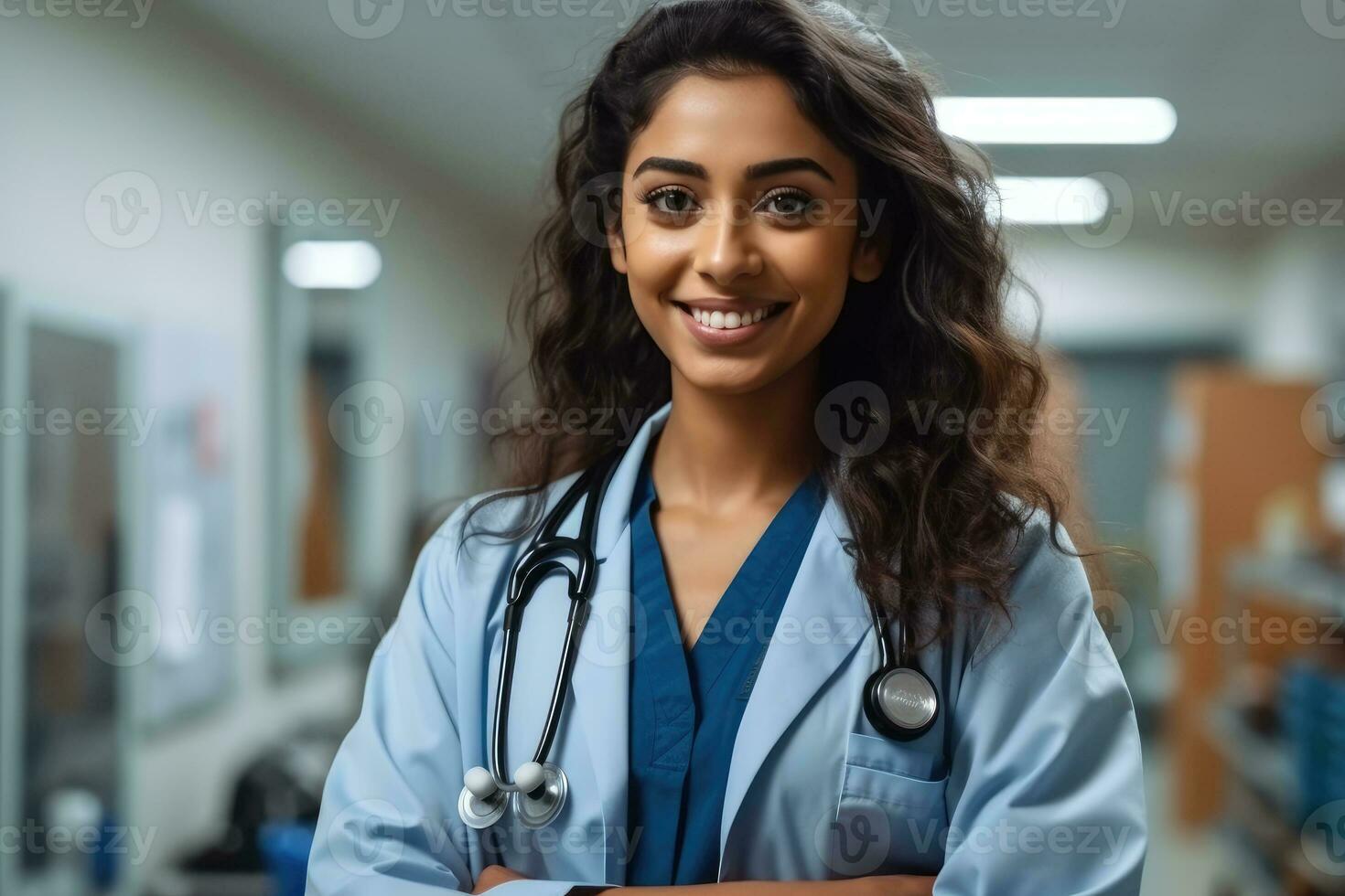 confiante fêmea médico dentro moderno hospital quarto com médico equipamento visível - ai gerado foto