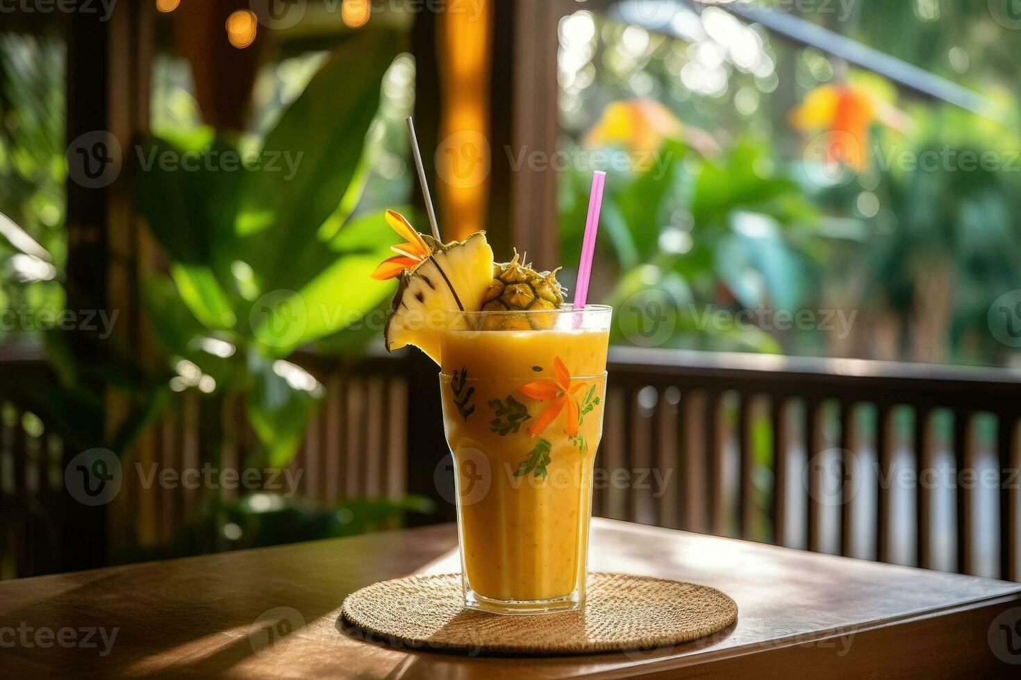 uma gosto do a trópicos - uma refrescante batido dentro uma relaxante de madeira mesa configuração - ai gerado foto