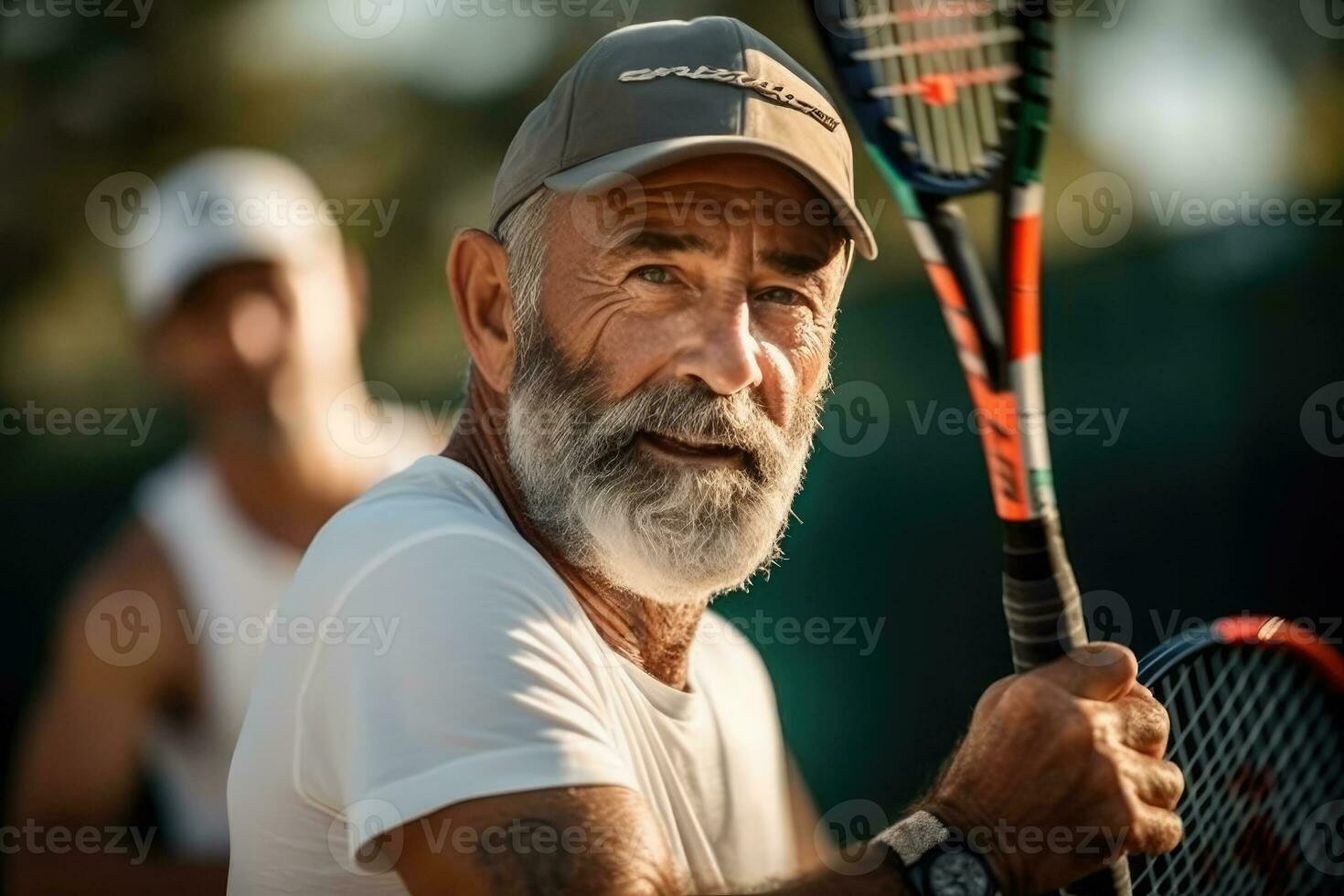 a intenso jogos - meia idade homens batalha isto Fora em a tênis quadra - ai gerado foto