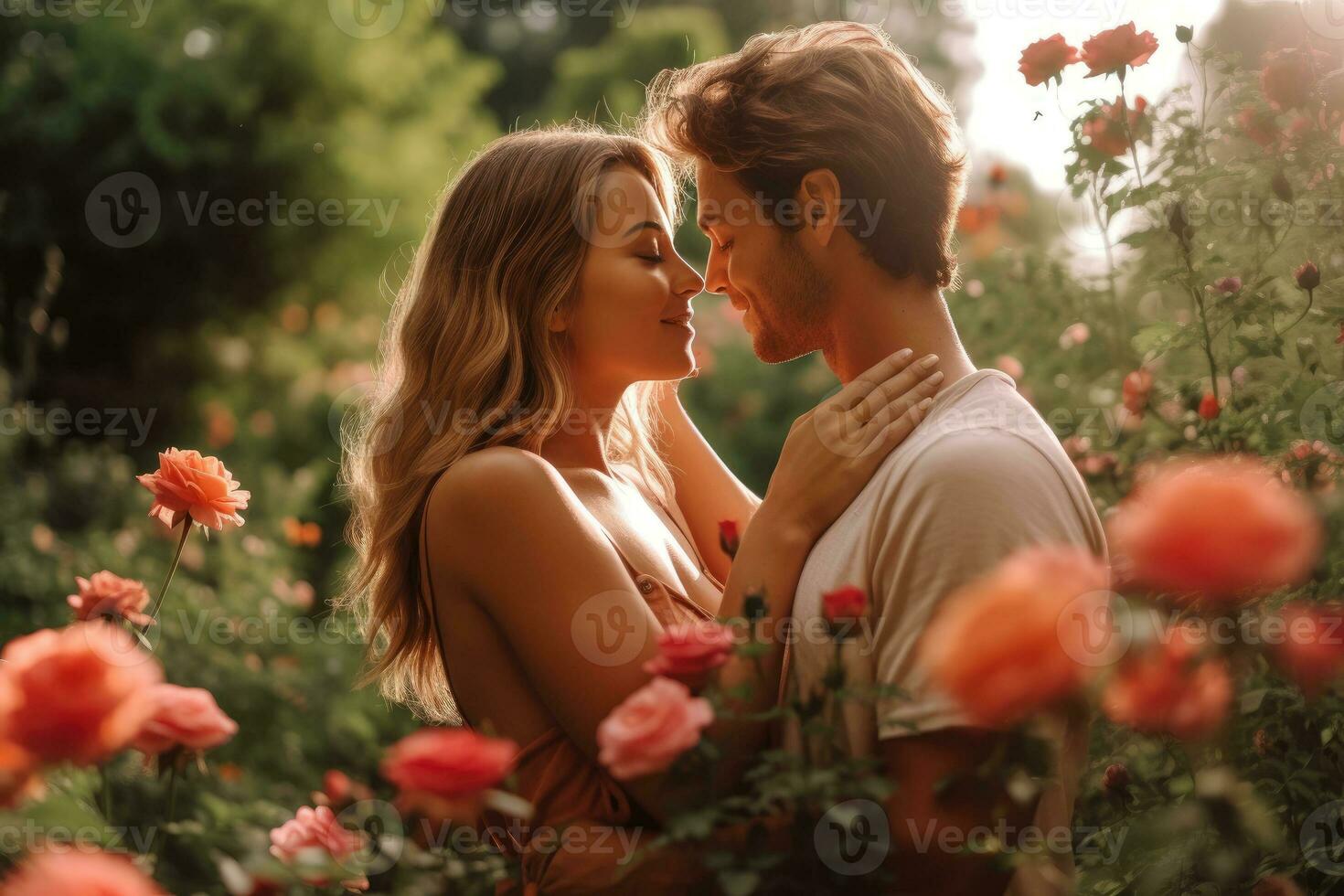 amantes abraço para concurso beijo dentro sereno parque com exuberante vegetação e florescendo flores, caloroso e íntimo momento - ai gerado foto
