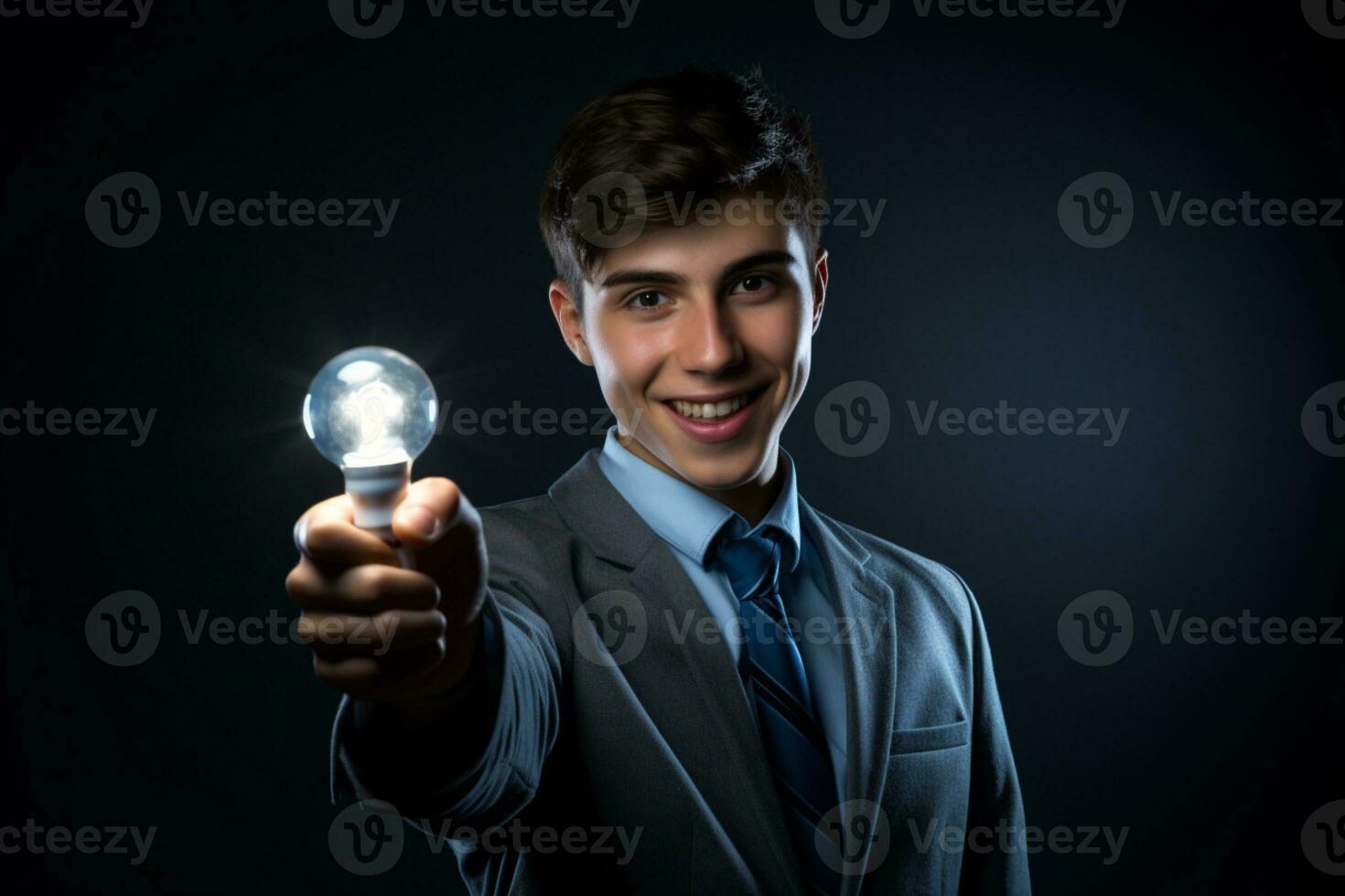 uma homem com luz lâmpada criativo o negócio idéia símbolo mantido de uma mão ai generativo foto