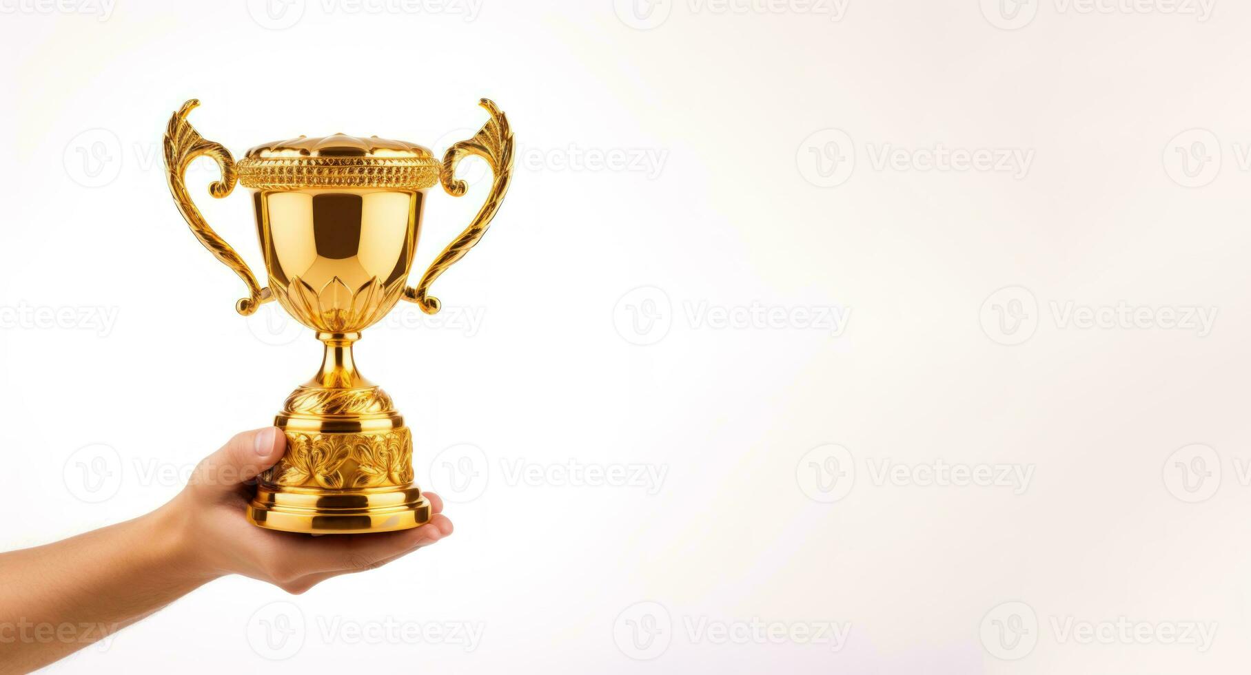 mão segurando dourado troféu isolado dentro branco fundo bandeira ai gerado foto