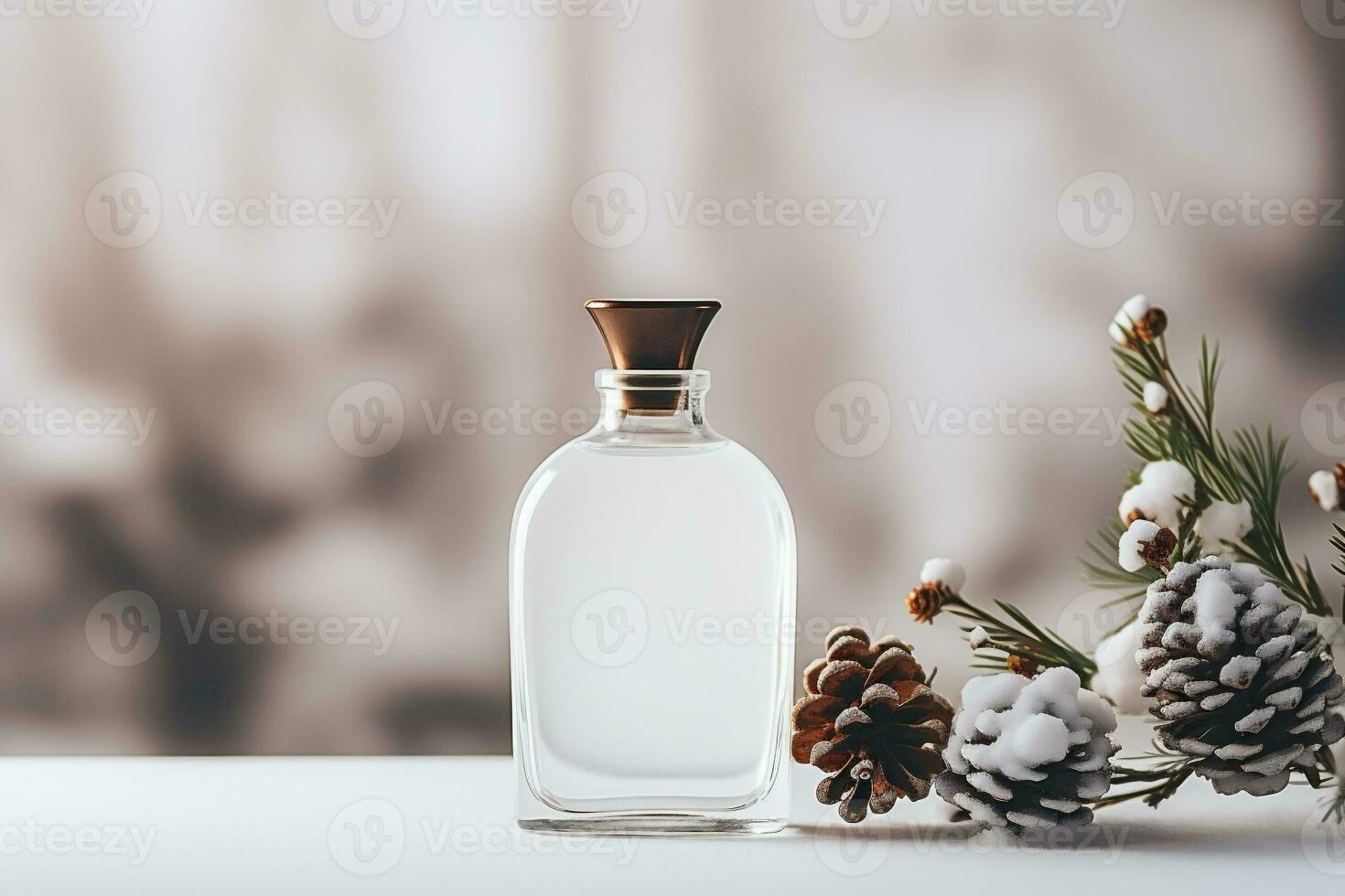 ai generativo. perfume garrafa com pinho cones em a fundo do inverno floresta foto