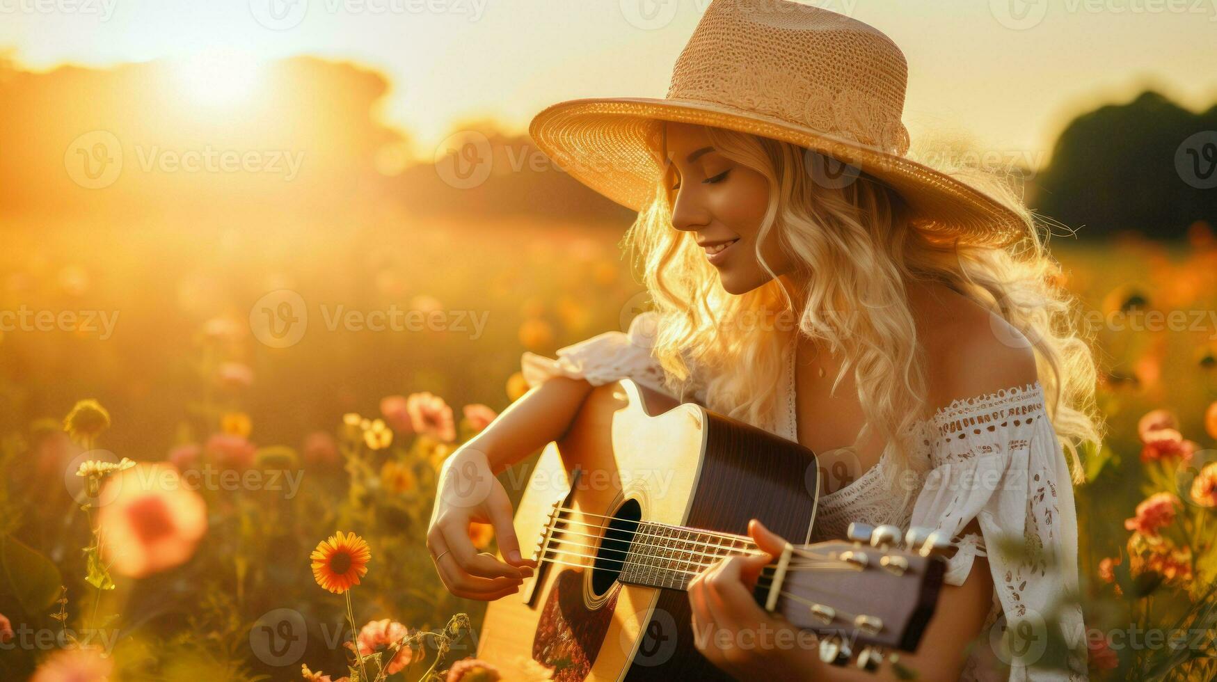 uma jovem menina dentro uma Sol chapéu, jogando uma guitarra no meio uma campo do flores.. generativo ai foto