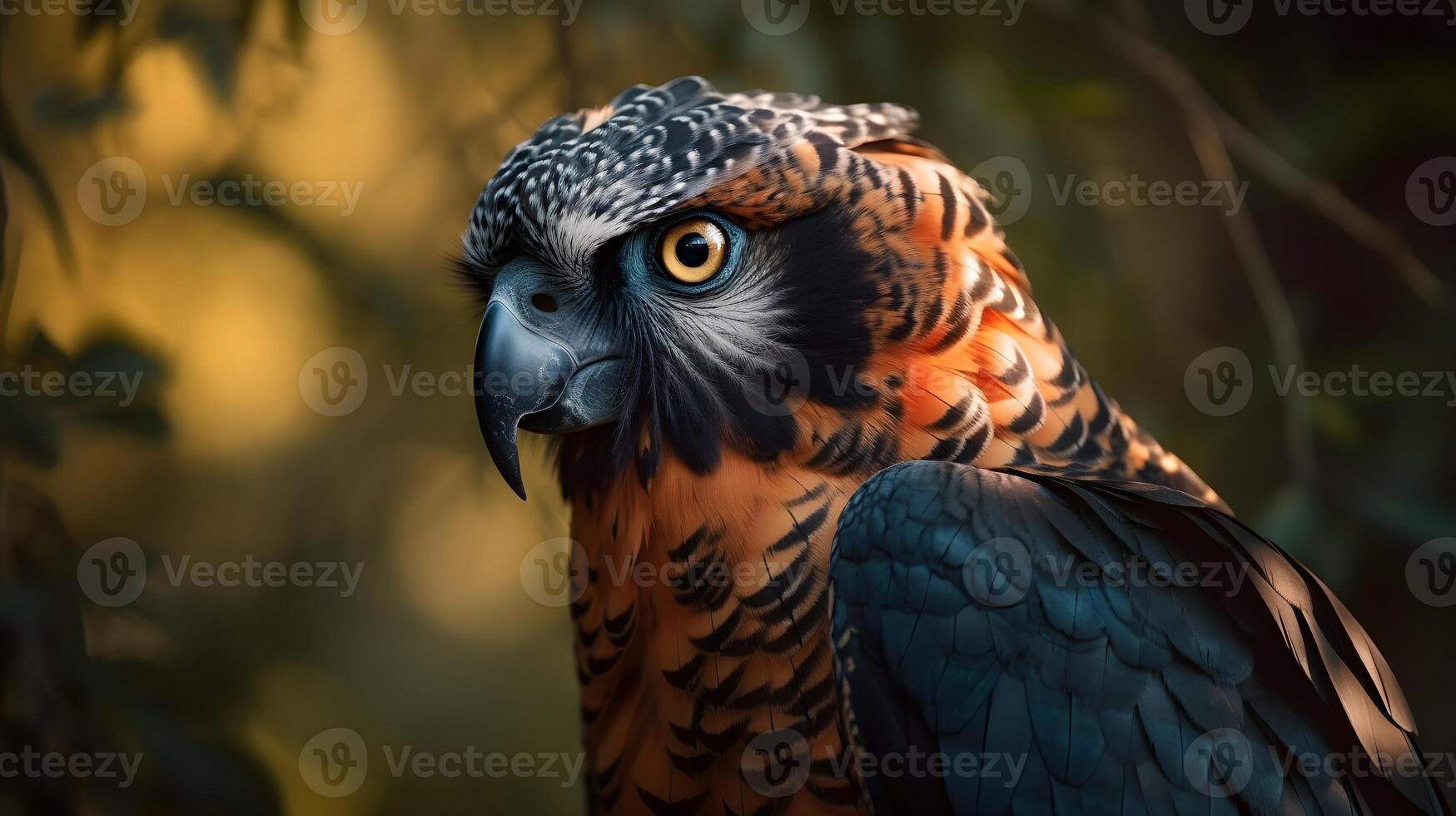 fechar acima do ornamentado Falcão Águia com natureza fundo. ai gerado. foto