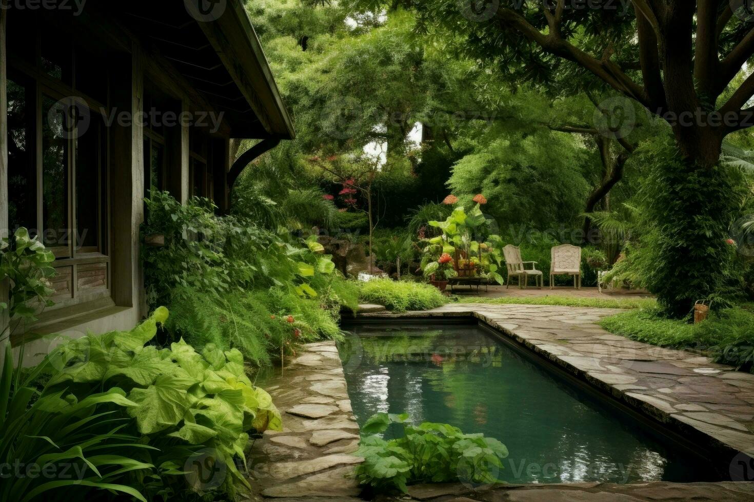 luxuoso jardim lado de fora terraço piscina. gerar ai foto