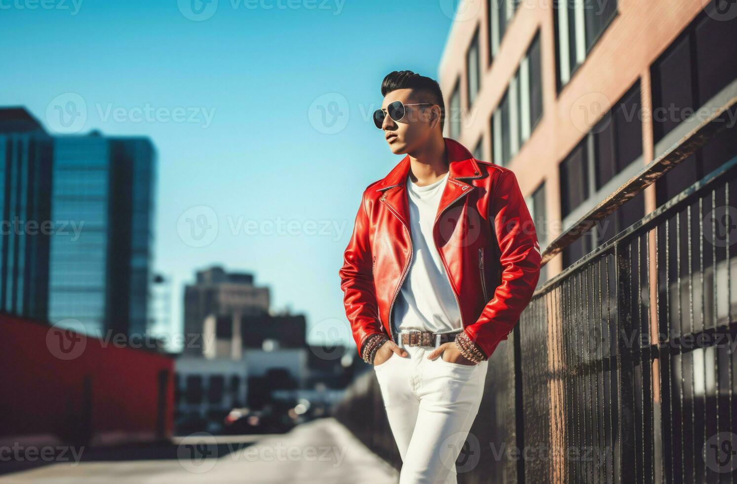 latino masculino moda rua foto com oculos escuros. gerar ai