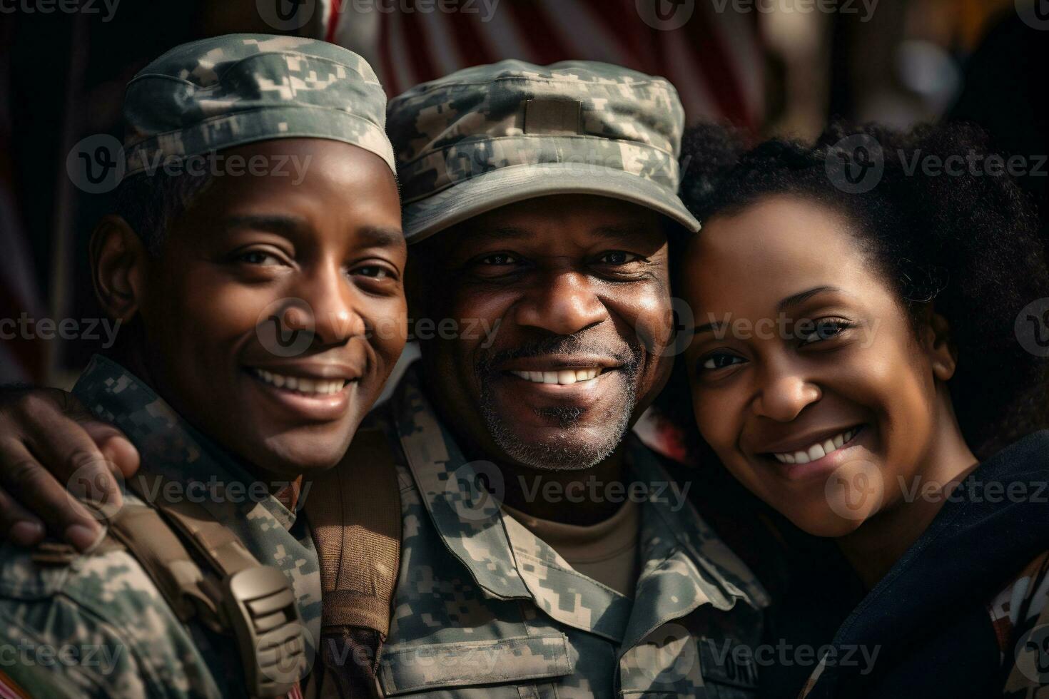 ai generativo. retrato do sorridente soldado e dele amigos em pé dentro frente do EUA bandeira foto