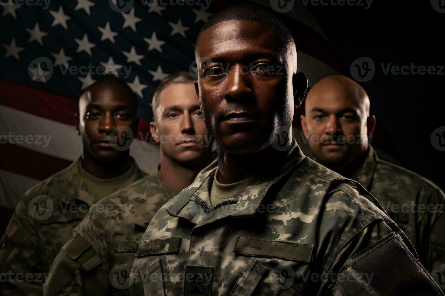 ai generativo. retrato do soldados em pé dentro frente do americano bandeira em Preto fundo foto