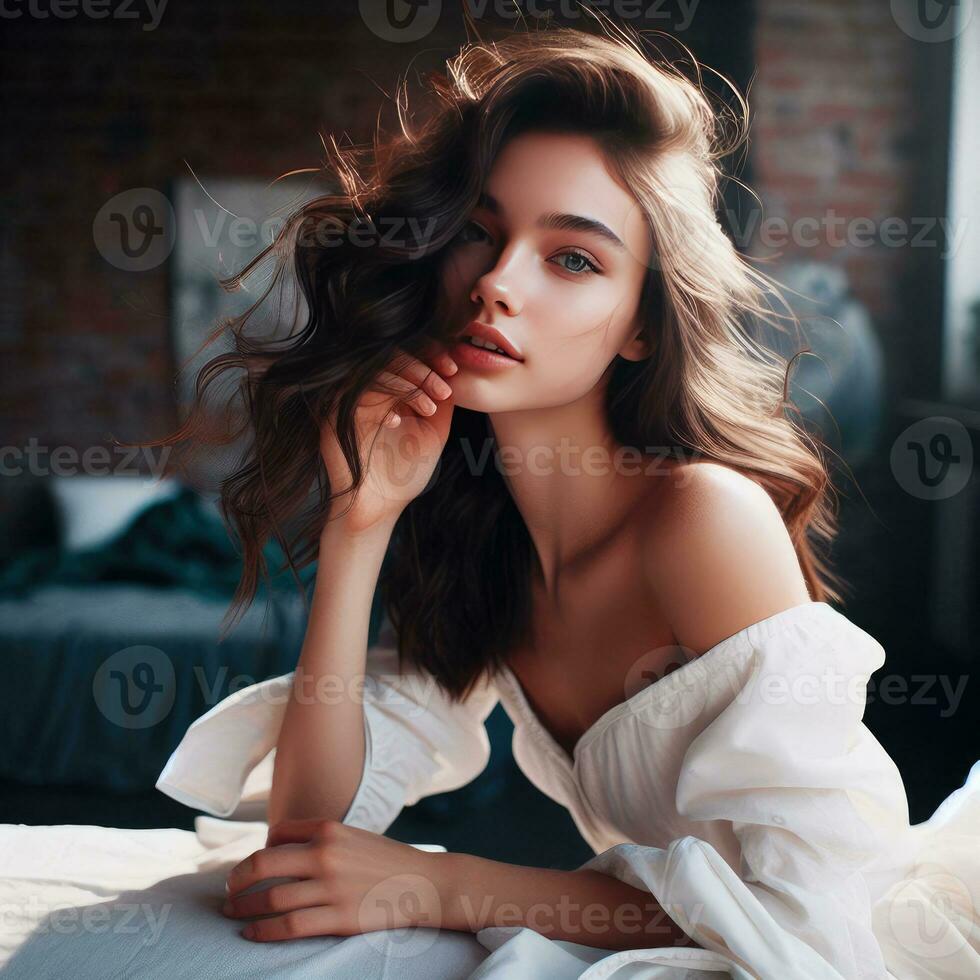 moda interior foto do lindo sensual mulher com Sombrio cabelo dentro elegante roupas