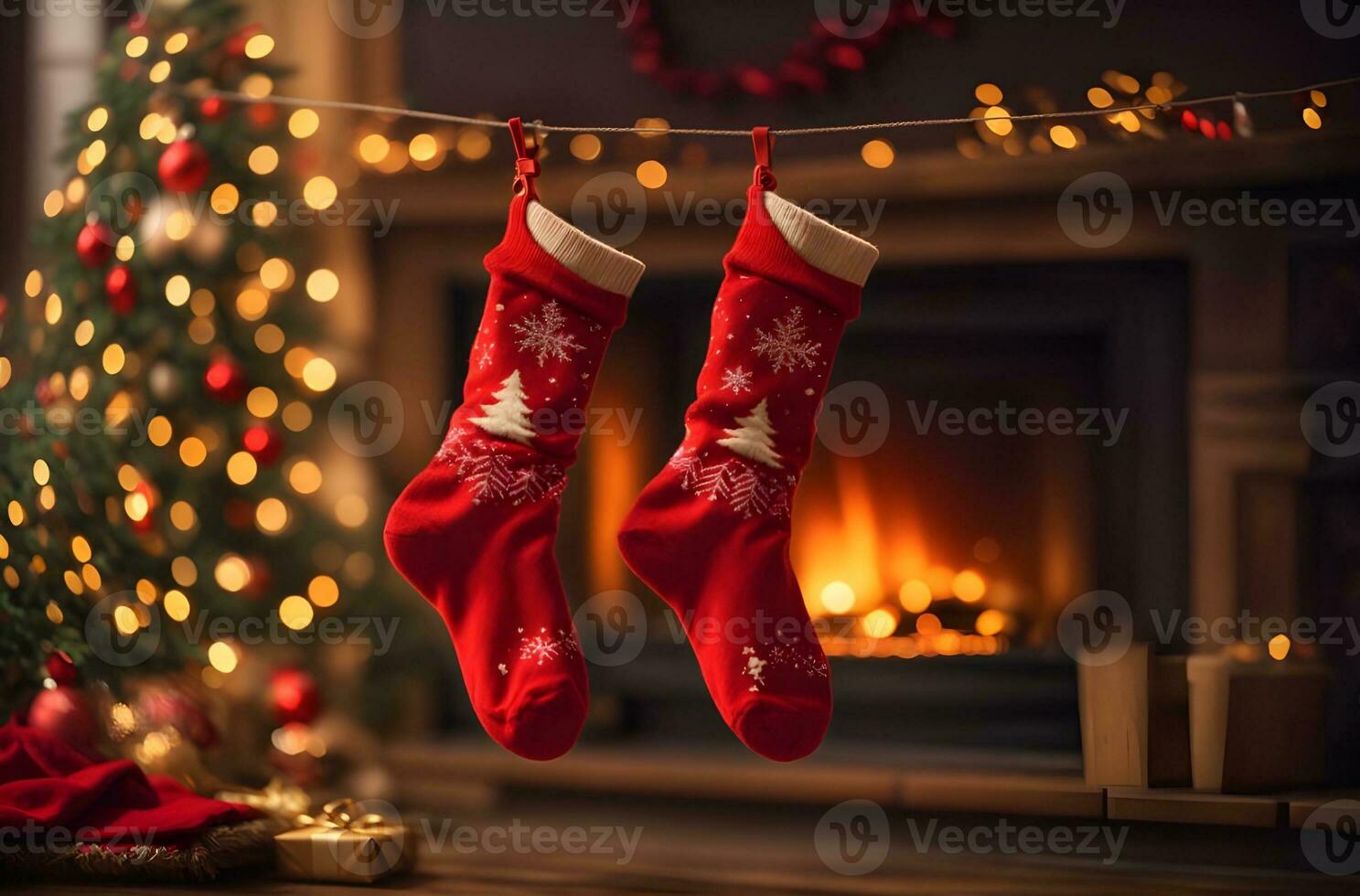 Natal meias em a fundo do uma queimando lareira. Natal e Novo ano conceito foto