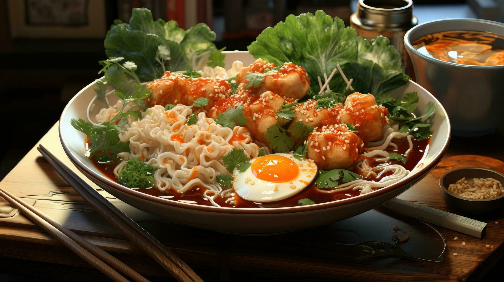 tradicional japonês udon macarrão tigela com crocantes frito tofu, almôndegas, wakame algas marinhas e cebola Primavera lista foto