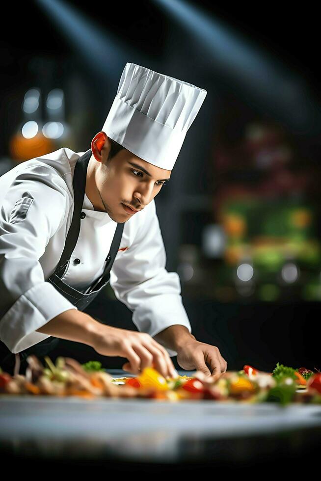 masculino chefe de cozinha cozinhando às restaurante ai generativo foto