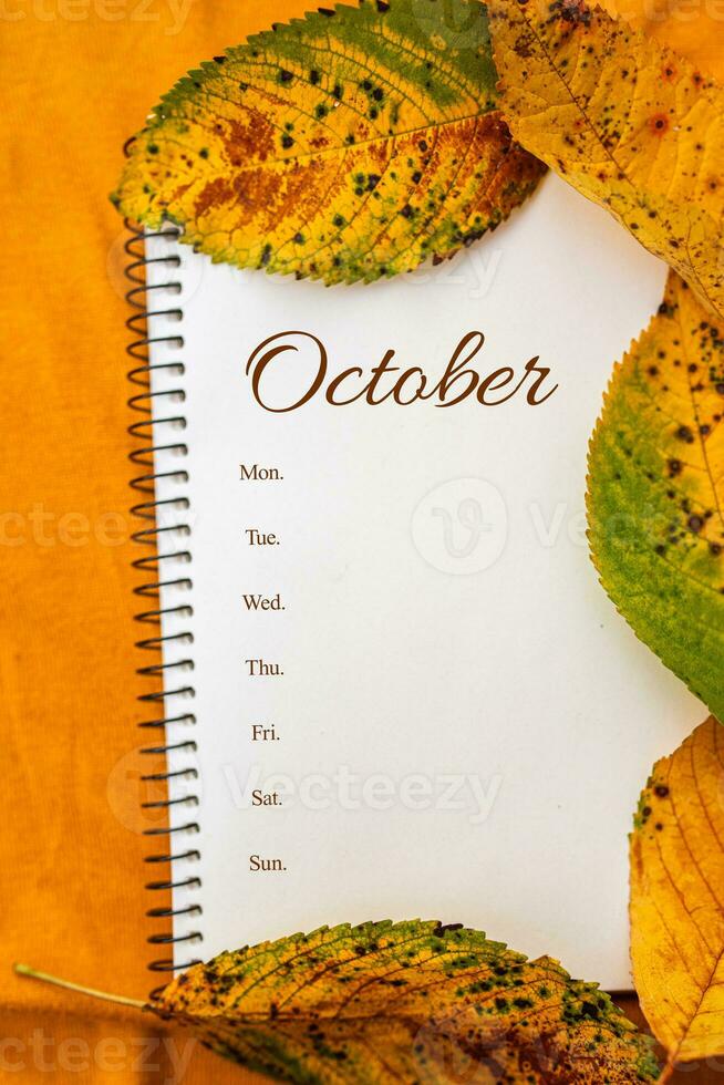 calendário para Outubro emoldurado de amarelo outono folhagem com a nomes do a dias do a semana. têxtil amarelo fundo foto