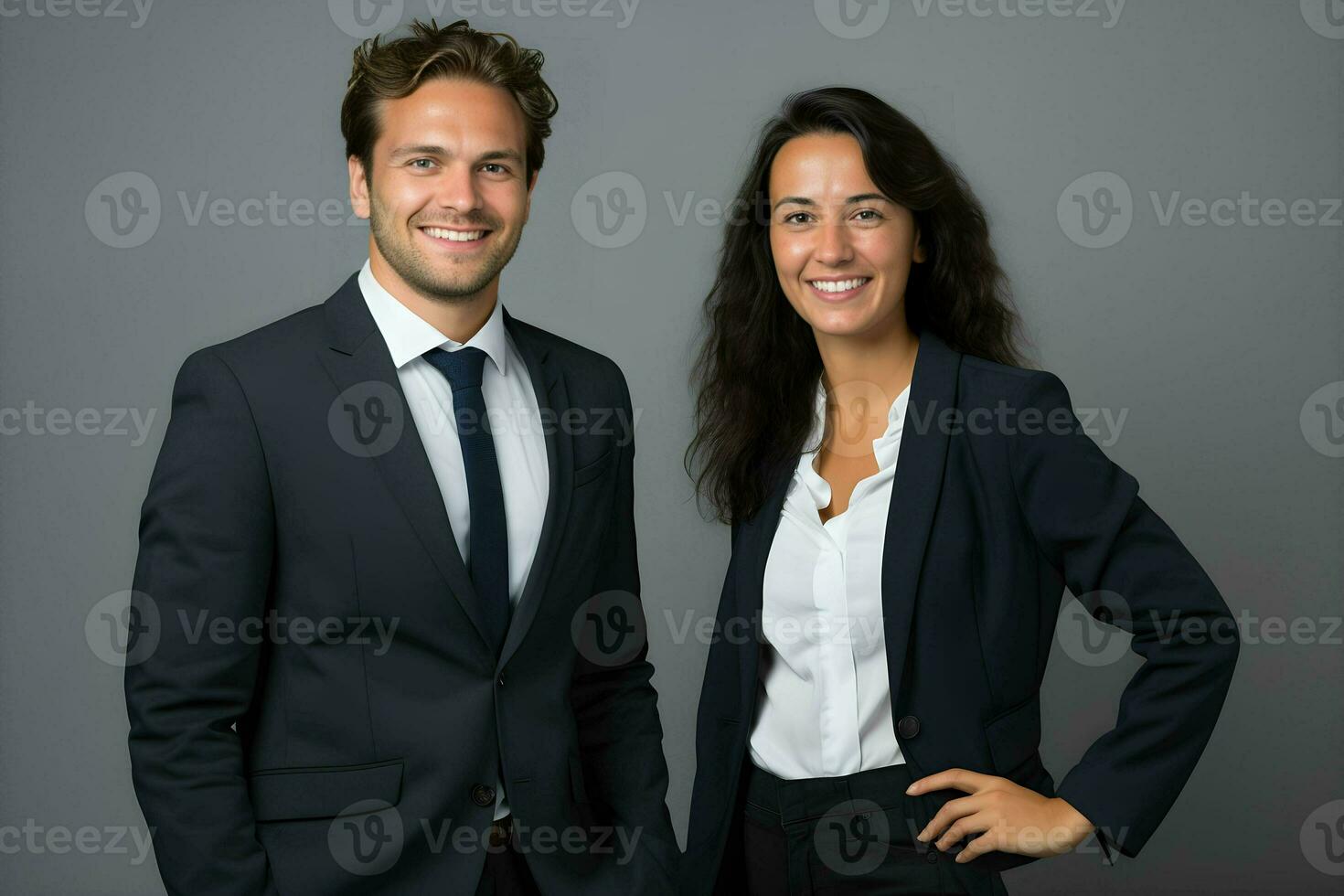 uma homem e mulher dentro o negócio vestuário posando para a Câmera. ai generativo foto