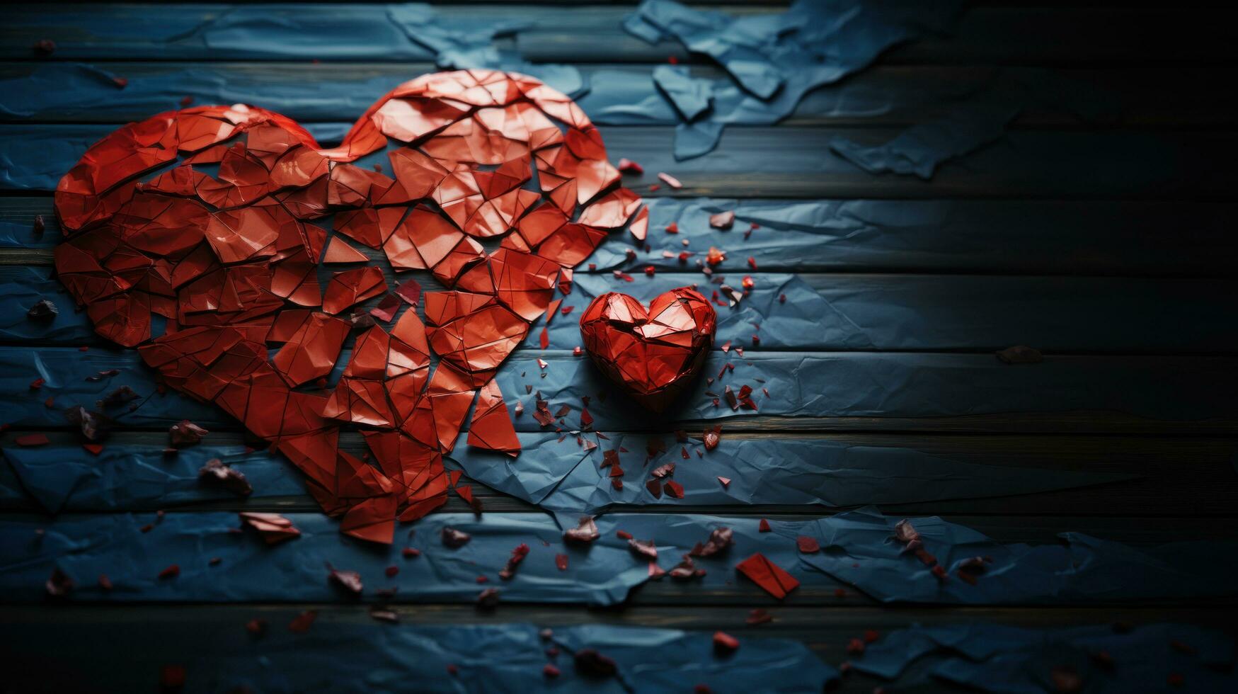 quebrado dois coração rompimento conceito separação e divórcio. vermelho amassado papel em forma Como uma rasgado amor em velho madeira. foto