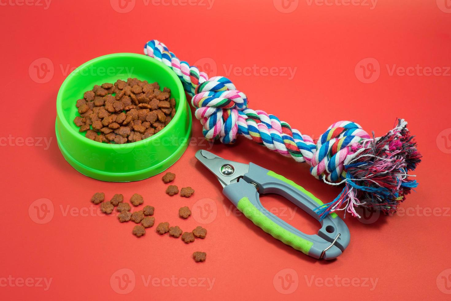 tigelas com comida, tesoura de unha e corda para mordida no fundo vermelho. foto