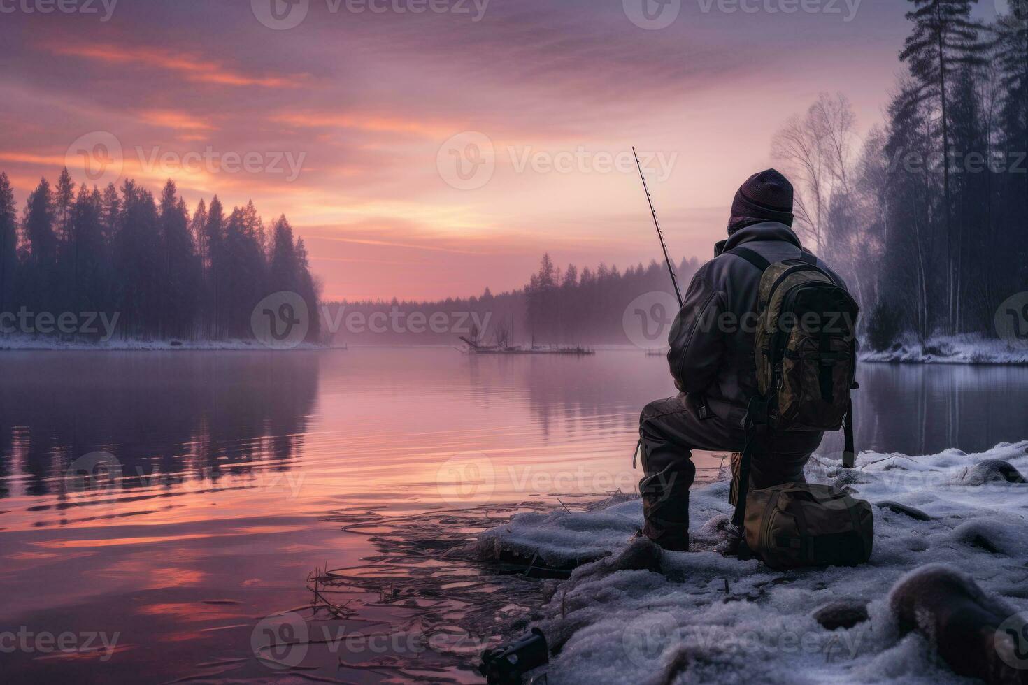 uma homem em a banco admira a inverno rio generativo ai foto