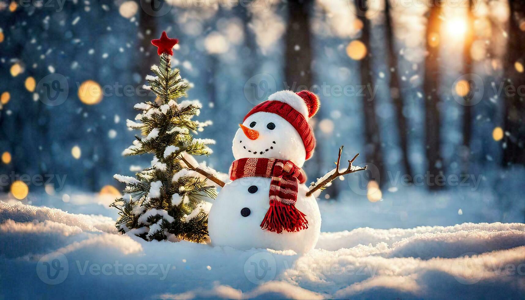 inverno feriado Natal fundo bandeira - fechar-se do fofa engraçado rindo boneco de neve com lã chapéu e lenço, em Nevado neve paisagem de neve com bokeh luzes, generativo ai foto
