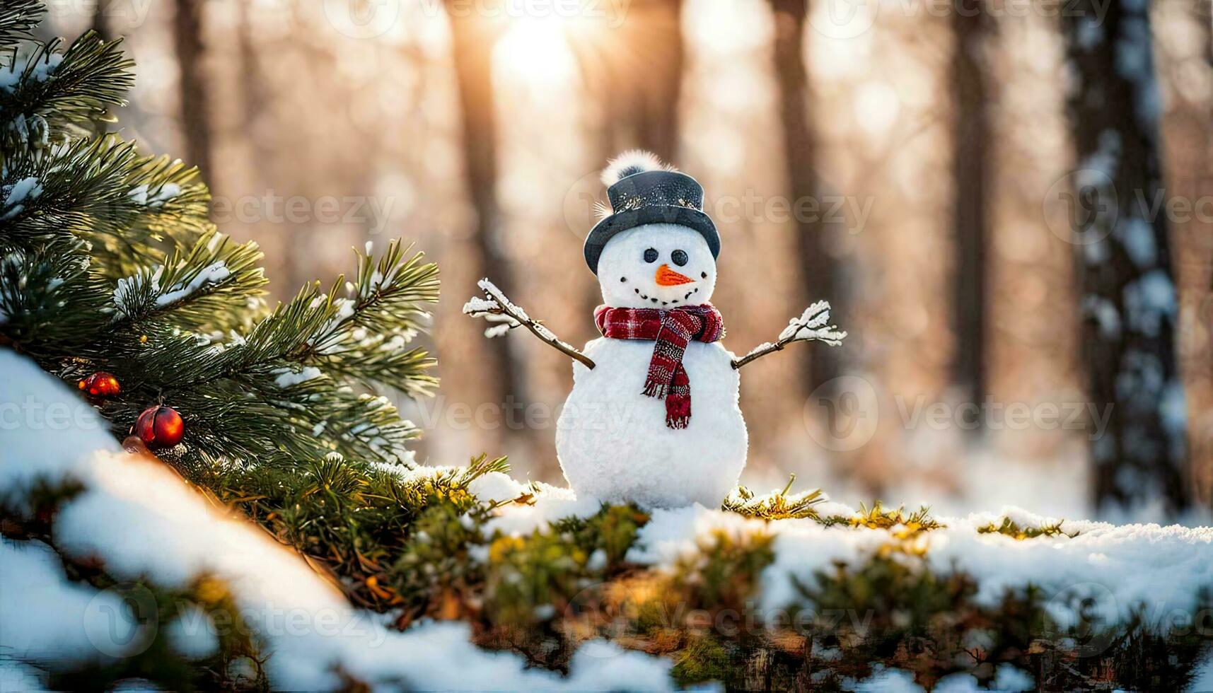 inverno feriado Natal fundo bandeira - fechar-se do fofa engraçado rindo boneco de neve com lã chapéu e lenço, em Nevado neve paisagem de neve com bokeh luzes, generativo ai foto