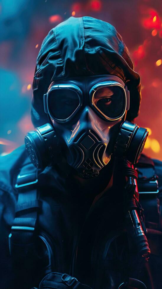 fantasia cyberpunk personagem vestindo gás mascarar com azul tema. generativo ai foto