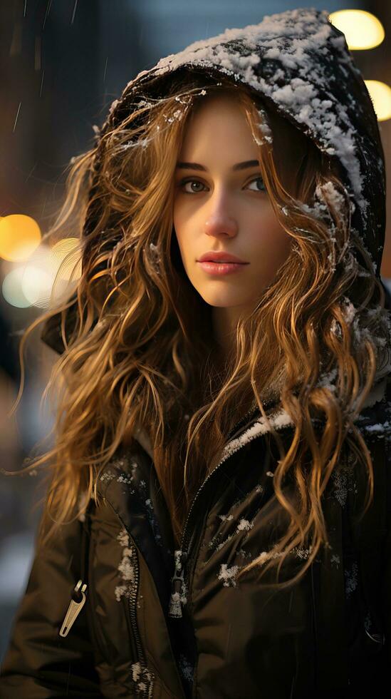lindo mulher dentro a inverno noite. generativo ai foto