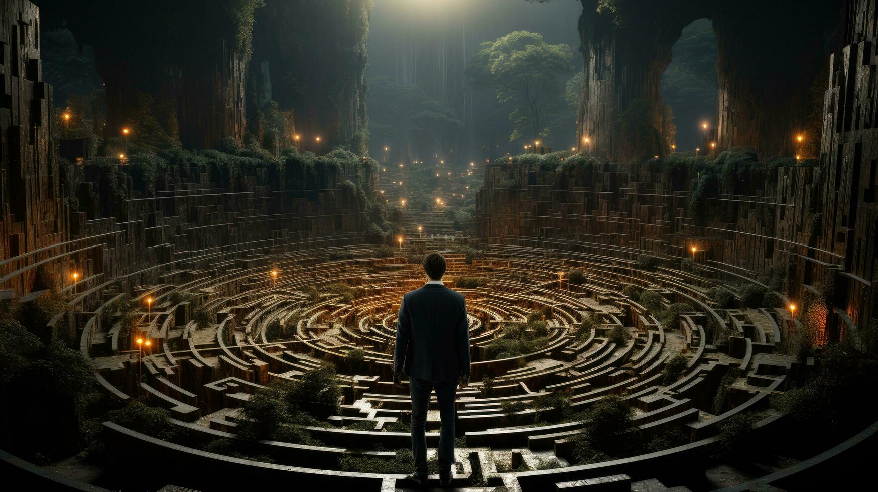 homem dentro uma labirinto, conceito do dificuldade fazer uma decisão e achando seu caminho foto