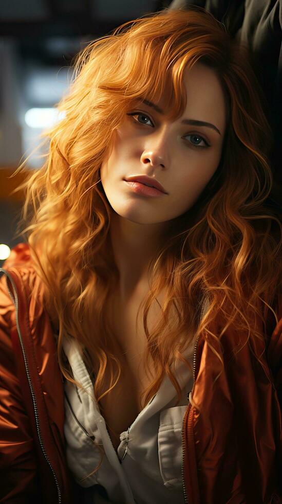 bonita vermelho cabeça mulher com laranja jaqueta. generativo ai foto