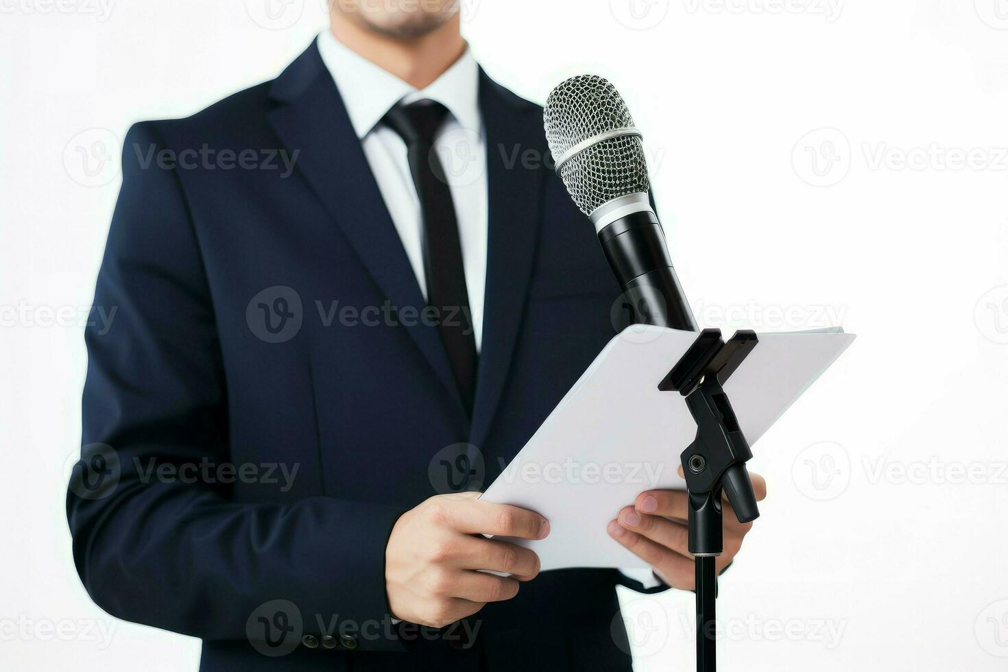homem segurando microfone e prancheta em branco fundo. gerar ai foto