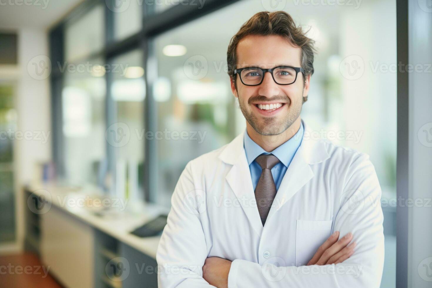 retrato do bonito homens médico trabalhando dentro moderno hospital ai generativo foto