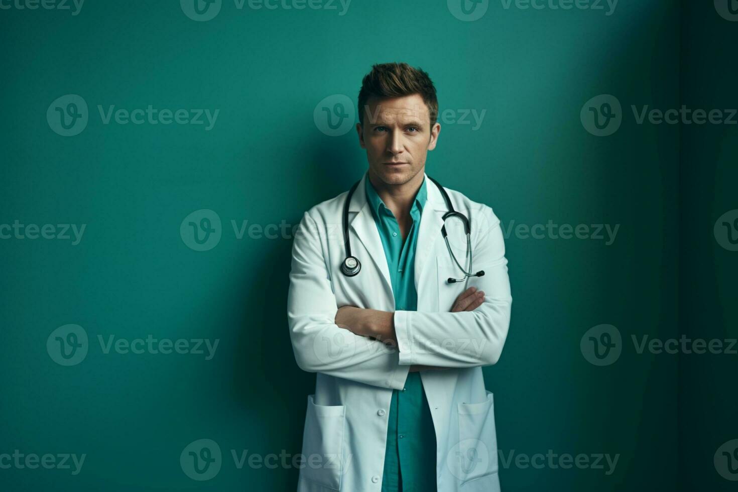 retrato do bonito homens médico contra verde fundo ai generativo foto