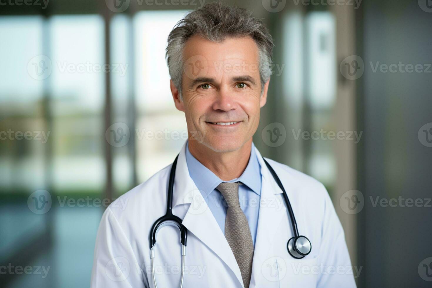 retrato do bonito homens médico trabalhando dentro moderno hospital ai generativo foto