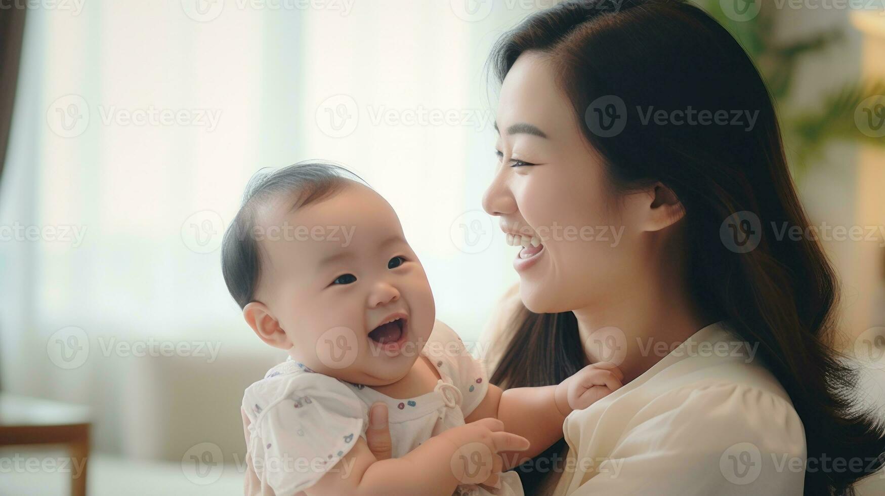 feliz sorrir mãe leva Cuidado e aguarde dela fofa bebê, seletivo foco ai gerado foto