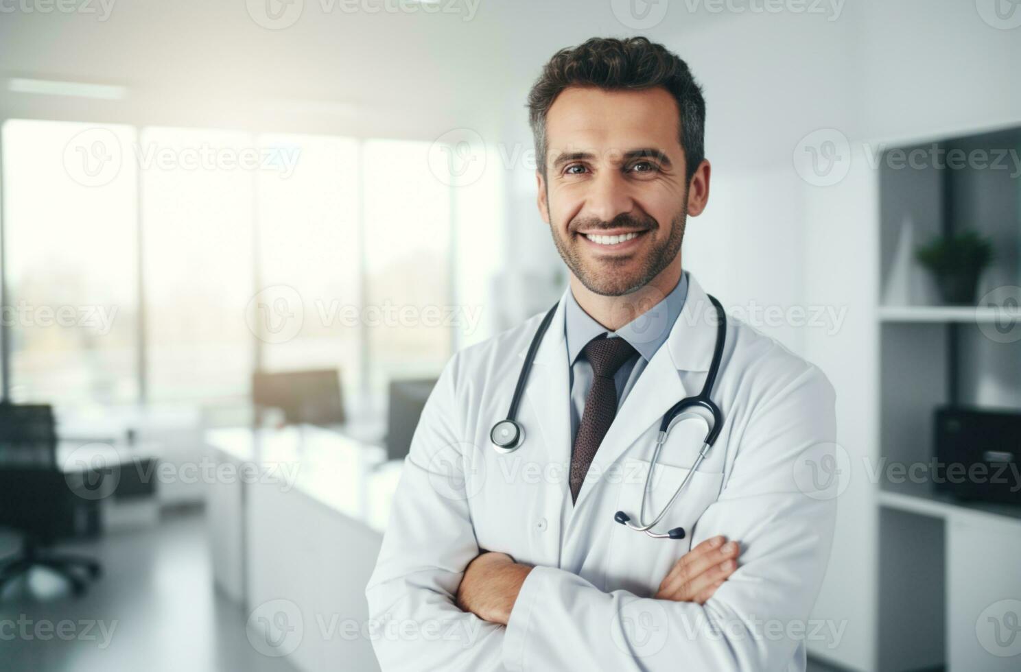 retrato do bonito homens médico trabalhando dentro moderno hospital ai generativo foto